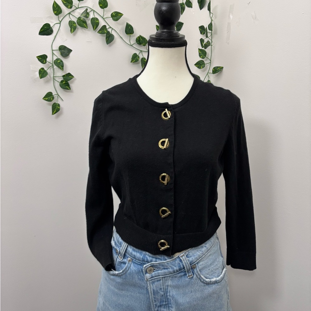 Calvin Klein Black Knitwear Cardigan with Gold Button Detail size Small Cotton